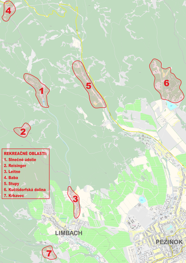 Rekreačné oblasti mesta Pezinok (mapka)