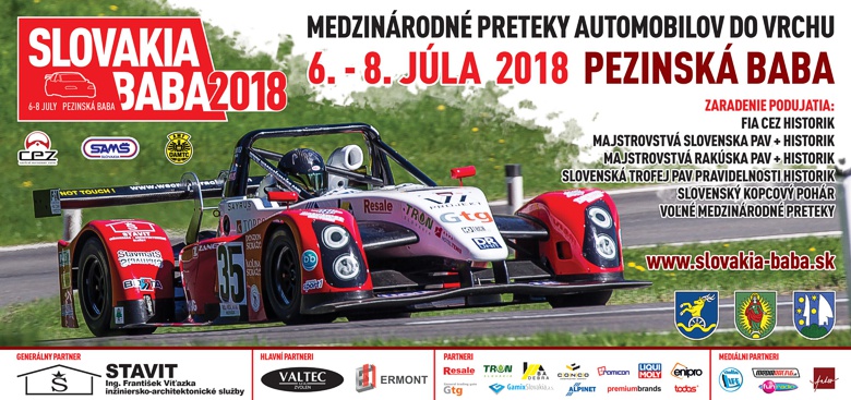 Plagát podujatia: Medzinárodné preteky automobilov do vrchu - 6. - 8. júla 2018 Pezinská baba. Zaradenie podujatia: FIA CEZ Historik, Majstrovstvá Slovenska PAV + Historik, Majstrovstvá Rakúska PAV + Historik, Slovenská trofej PAV pravidelnosti Historik, Slovenský kopcový pohár, Voľné medzinárodné preteky. www.slovakia-baba.sk